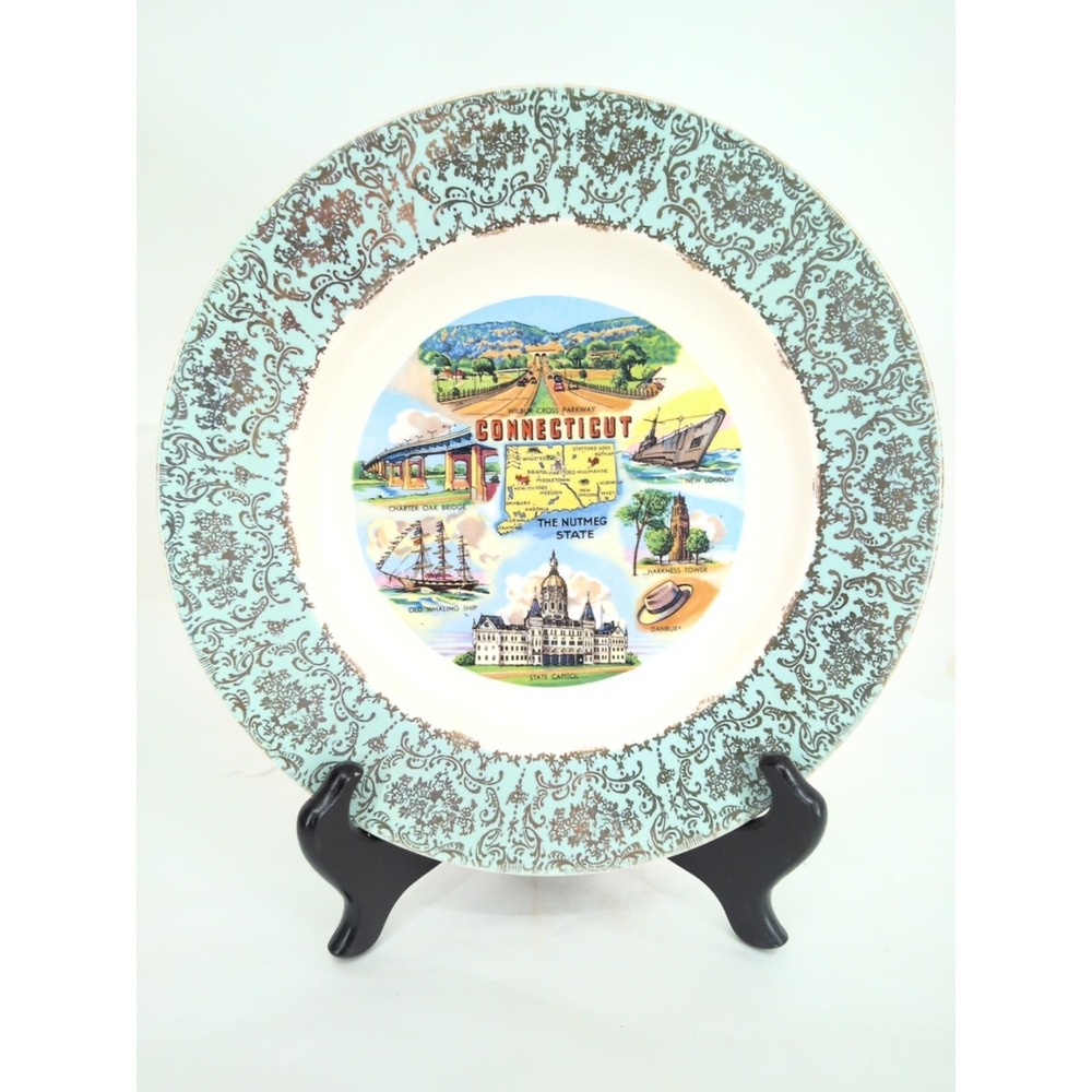 Homer Laughlin Connecticut State Decorative Plate Gold Green Teal State Souvenir